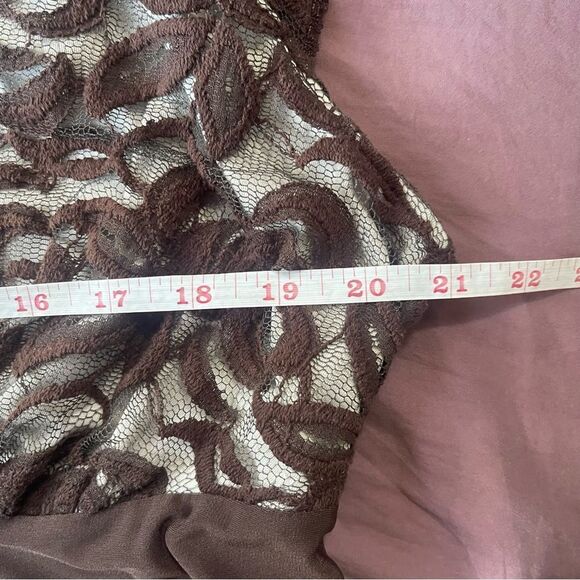 Y2K Brown Floral Lace Babydoll Top Size L Whimsigoth Fairy Y2K Deep V Tunic - Picture 6 of 7